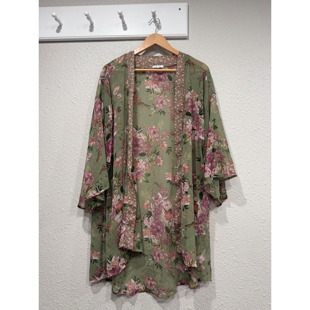 Maurices Floral Kimono Wrap Sage Green Pink Botanical Boho Plus Size 0X